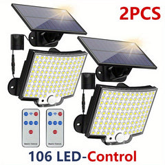 1/2pcs Solar Light Outdoor, 106 LED Super Bright Motion Sensor Light, Solar Strong Power LED Garden Wall Lamp with 4 Working Modes, LED Outdoor Wall Light for Garden, Patio, Garage, Front Door, Pool, Steps, Fence, Street Ligh