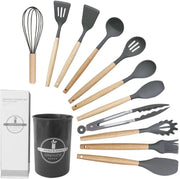 12-Piece Silicone Kitchen Utensil Set – Heat-Resistant Non-Stick Cooking Tools with Wooden Handles & Storage Holder (Grey)