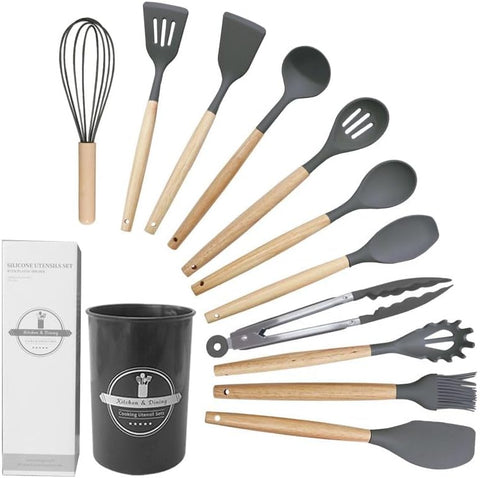 12-Piece Silicone Kitchen Utensil Set – Heat-Resistant Non-Stick Cooking Tools with Wooden Handles & Storage Holder (Grey)