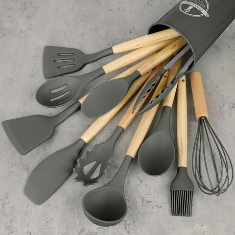 12-Piece Silicone Kitchen Utensil Set – Heat-Resistant Non-Stick Cooking Tools with Wooden Handles & Storage Holder (Grey)