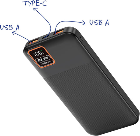 Supa Fly 10000mAh Fast Charge Power Bank | Power Delivery 22.5W Dual Device USB-A & Type-C Charge Ports | Black