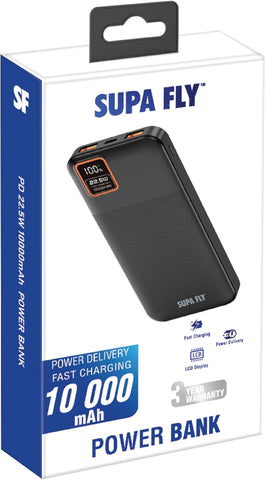 Supa Fly 10000mAh Fast Charge Power Bank | Power Delivery 22.5W Dual Device USB-A & Type-C Charge Ports | Black