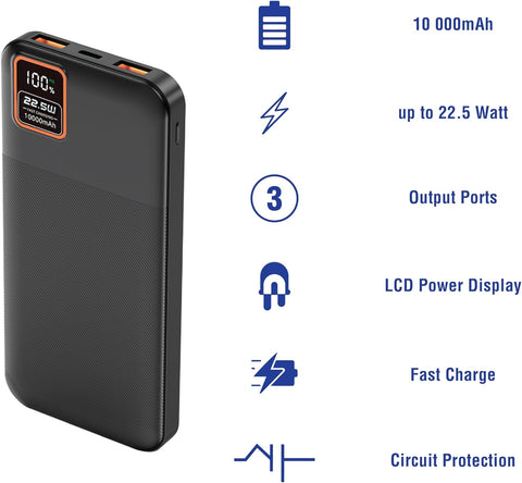 Supa Fly 10000mAh Fast Charge Power Bank | Power Delivery 22.5W Dual Device USB-A & Type-C Charge Ports | Black