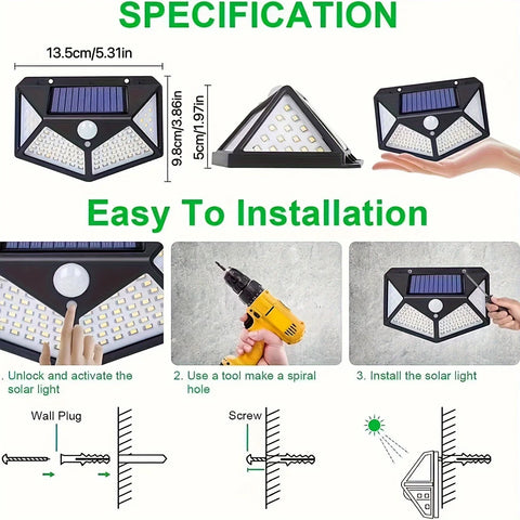 2PCS, Solar Light, 100 LED Motion Sensor Solar Light, 3 Lighting Modes, Suitable for Walls, Courtyards, Gardens, and Passages