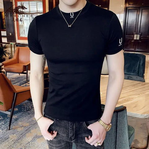 Clothes Gym Men's T-shirt Plain Streetwear Muscles Male Tee Shirts Skinny Top Ordinary High Quality Stylish Short Quarter Sleeve