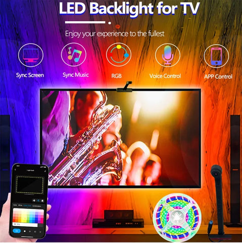 Smart TV LED Backlight with Camera for 55-75 inch Screens RGBIC LED Strip Lights Music Sync APP Control LED Ambient Lighting