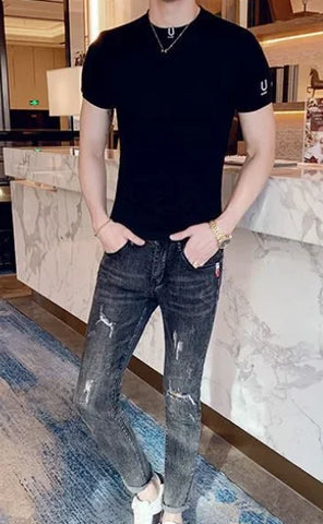 Clothes Gym Men's T-shirt Plain Streetwear Muscles Male Tee Shirts Skinny Top Ordinary High Quality Stylish Short Quarter Sleeve