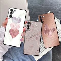 Case for Samsung Galaxy S24 S23 S10e S8 S7 S10 S21 S21 Plus S22 Ultra 5G S20 FE S9 Soft Gold Pink Rose Glitter Hearts Cover