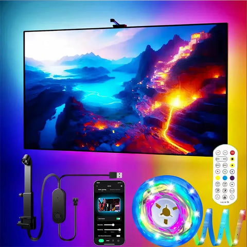 Smart TV LED Backlight with Camera for 55-75 inch Screens RGBIC LED Strip Lights Music Sync APP Control LED Ambient Lighting